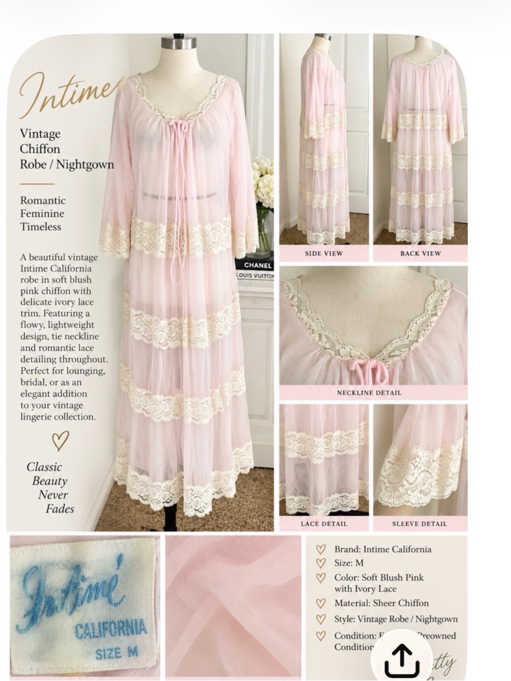 Soft Blush Pink Chiffon Vintage Nightgown with Ivory Lace Intime size medium